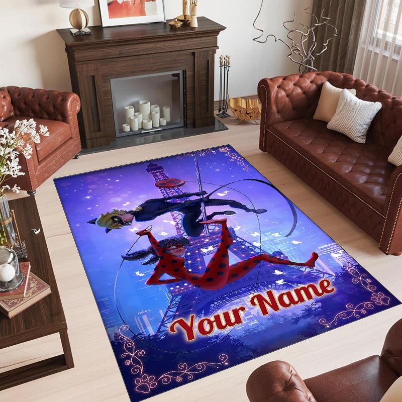 Personalized Crystal Velvet Carpet Custom Name Text,Miraculous Ladybug Anti Slip Area Rug For Home Decoration