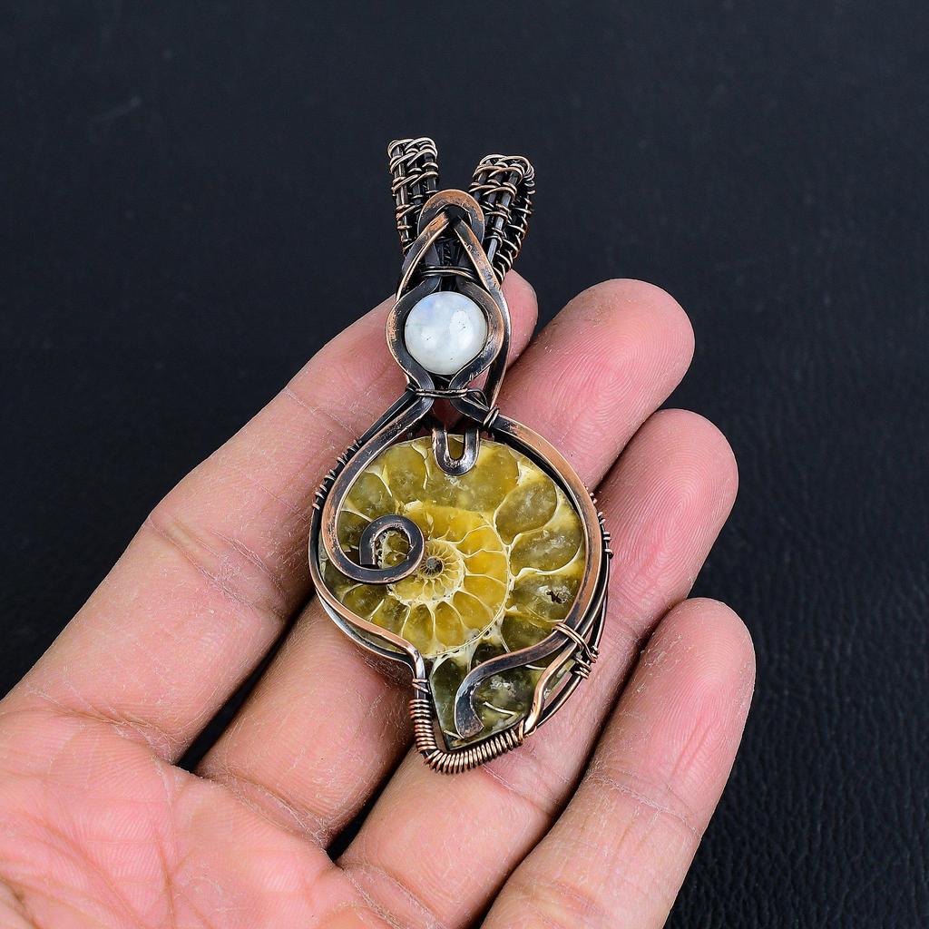 Ammonite Fossil 999 Copper Wire Wrapped Pendant, Handmade Gemstone Jewelry Pendant For Memorial Day