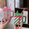 Cute Santa Claus Ceramic Mug With Handle Lid Straw Home Oat Milk Coffee Breakfast Cup Couples Christmas Gift 450ML