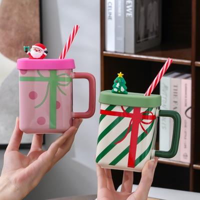 Tazza in Ceramica Carina di Babbo Natale Con Manico Coperchio Cannuccia Casa Latte d'Avena Caffè Tazza per la Colazione Regalo di Natale per Coppie 450ML