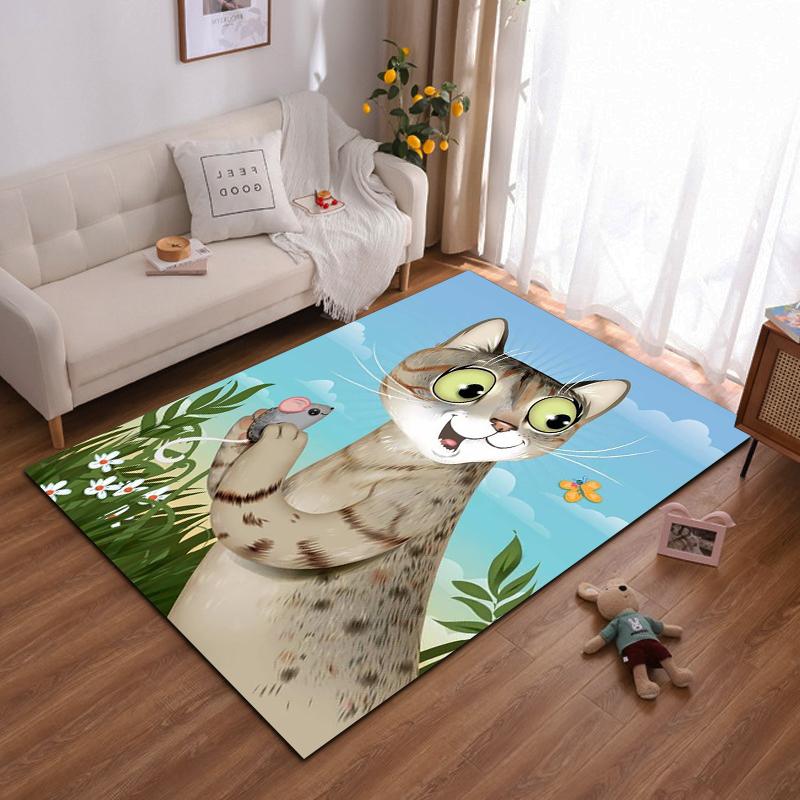 Cartoon Cat and Nature Patterned Carpet with Mouse and Butterfly Design Suitable for use as an anti-slip for living room bedroom sofas 40x60cm( 15x23in )