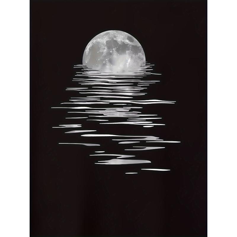 European Sizes Men's Stylish Moon Creative Print T-Shirt, Crew Neck Short Sleeve,Versatile Top For Spring And Summer, Trendy Streetwear Fashion