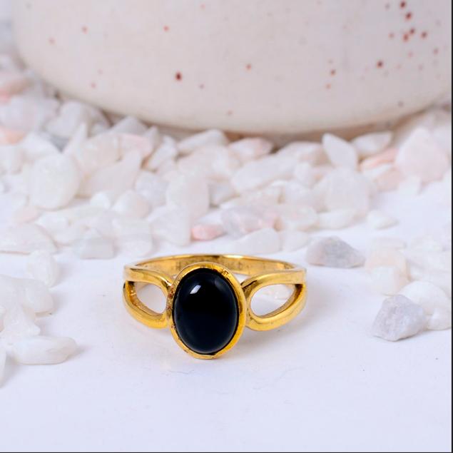 Black Onyx Gold Plated Oval Ring | Minimalist Brass Statement Jewelry for Women | Protection Stone Gift