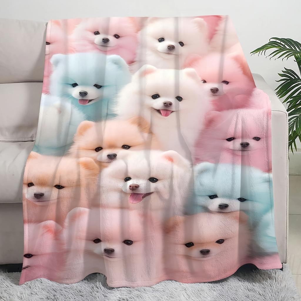 Adorable Pomeranian Puppy Blanket - Soft Cozy Throw with Pastel Colors, Perfect for Bedroom Decor, Unique Gift for Dog Lovers