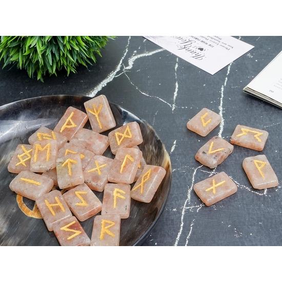 Crocon Sunstone Rectangle Shape Gemstone Runes with Elder Futhark Alphabet Engraved 25 Pcs Rune Set  : 20-25mm