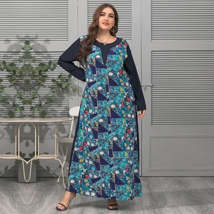 Elegante Vestito da Donna Taglie Forti Manica Lunga Ampio Estate Primavera Stampa Giuntura Scollo a O XL 4XL