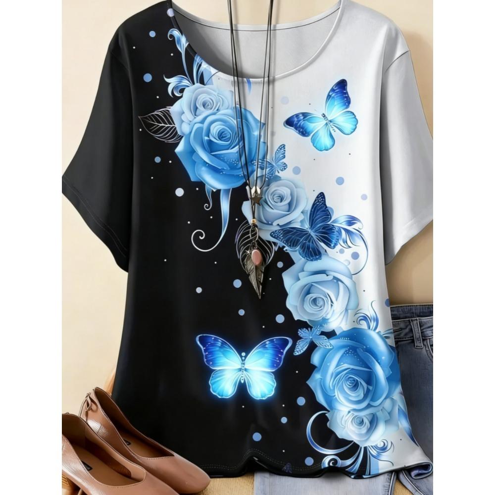 Beautiful Retro Colorful Butterfly Flowers 3D Printed Short Sleeved T-shirt Fashionable Comfortable Soft Breathable Large Loose Summer Womens T-shirt