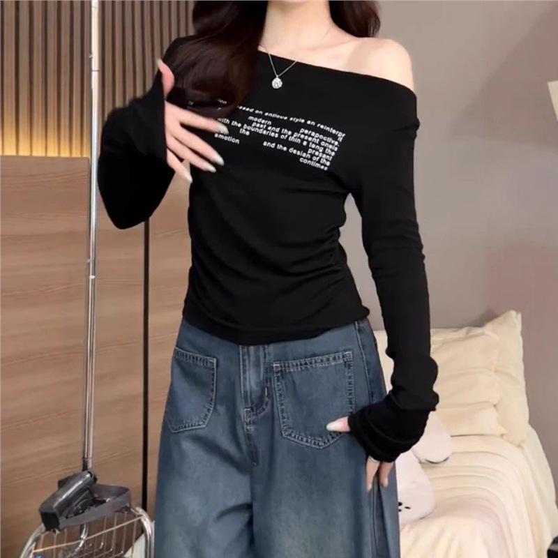 

Korean Style Off-Shoulder Slim-Fit Long-Sleeve Textured Autumn Top for Women Small чорний