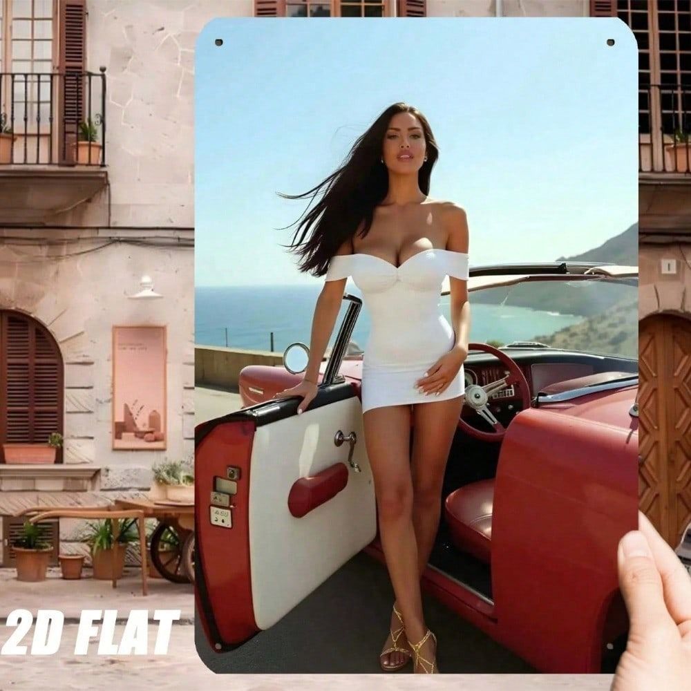 

Vintage Italian Balcony Mediterranean Decor White Dress Red Car Art Flat Print Metal Poster Wall Art Home Decor