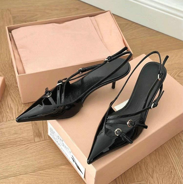 Fashion 2025 New Patent Leather One-Line Buckle Cat Sandals Women'S Black Silk Pointy Stiletto Heels