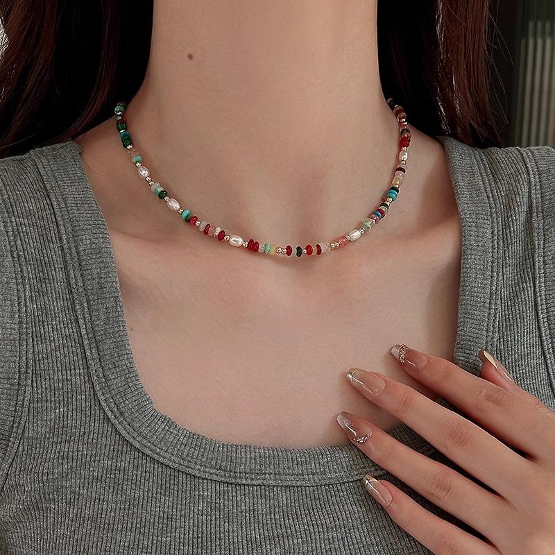 Colorful Natural Stone & Freshwater Pearl Beaded Choker Necklace for Women - Spring/Summer Collection