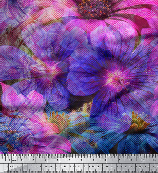 Soimoi Japan Crepe Satin Fabric Daisy & Wild Flower Panel Fabric Prints By metre 42 Inch