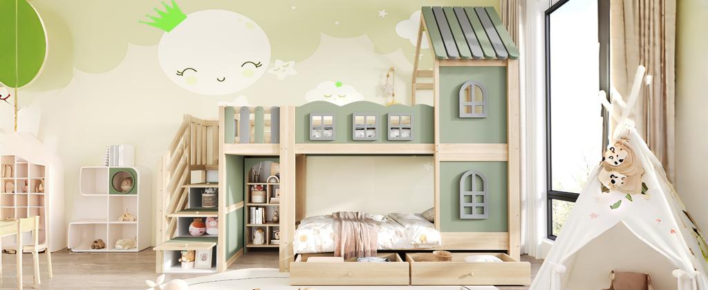 Kinderhochbett 90 x 200 cm, Wolkenförmige Bettgitter, Dach mit Fenstern, Stauraumleiter, Regale, Schubladen, Doppelbett aus Holz für Jungen, Mädchen, Grün