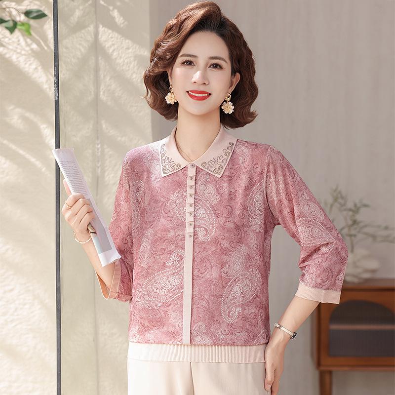 

Summer 2026 Rhinestone Seven-Sleeve Lapel T-shirt for Middle-Aged and Elderly Women - Stylish Mom Outfit 125 (Recommends 135-150 jin) рожевий