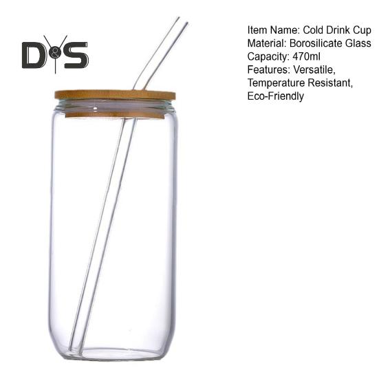 Glass Tumbler with Bamboo Lid Brushes Straw 470ml Can Shaped Glass Cups for Iced Coffee Soda Tea Beer & Ice Coffee Glasses Reusable Glassware