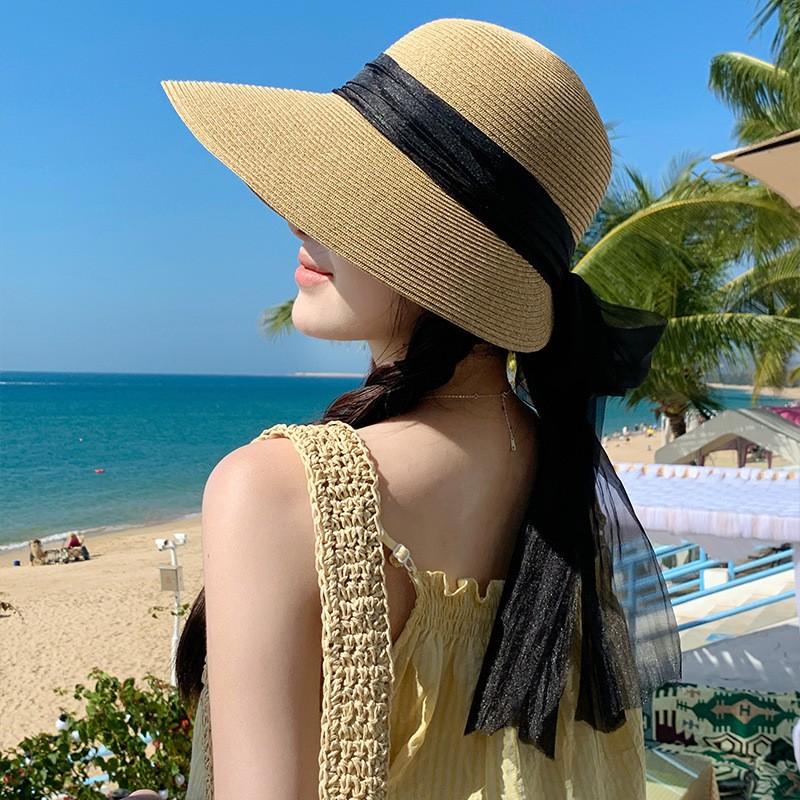 Womens Wide Brim Lace-Up Straw Hat Beach Travel Sun Protection Floppy