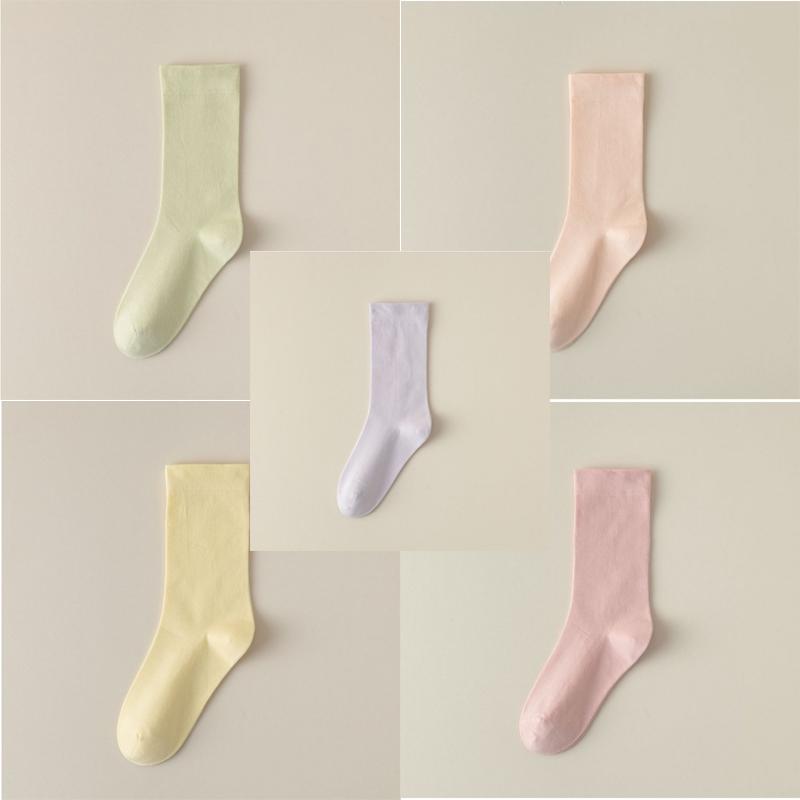 

5 пар однотонных хлопковых носков средней длины, трикотажные свободные длинные мягкие повседневные носки на весну и осень, черные, белые, дышащие женские носки 5 Pairs