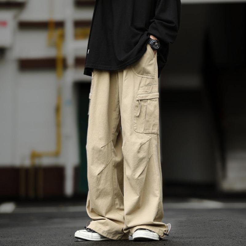 

Men s Spring and Summer Pleated Design Straight Overalls Men s Retro Versatile Loose Drawstring Wide-leg Casual Pants M хаки