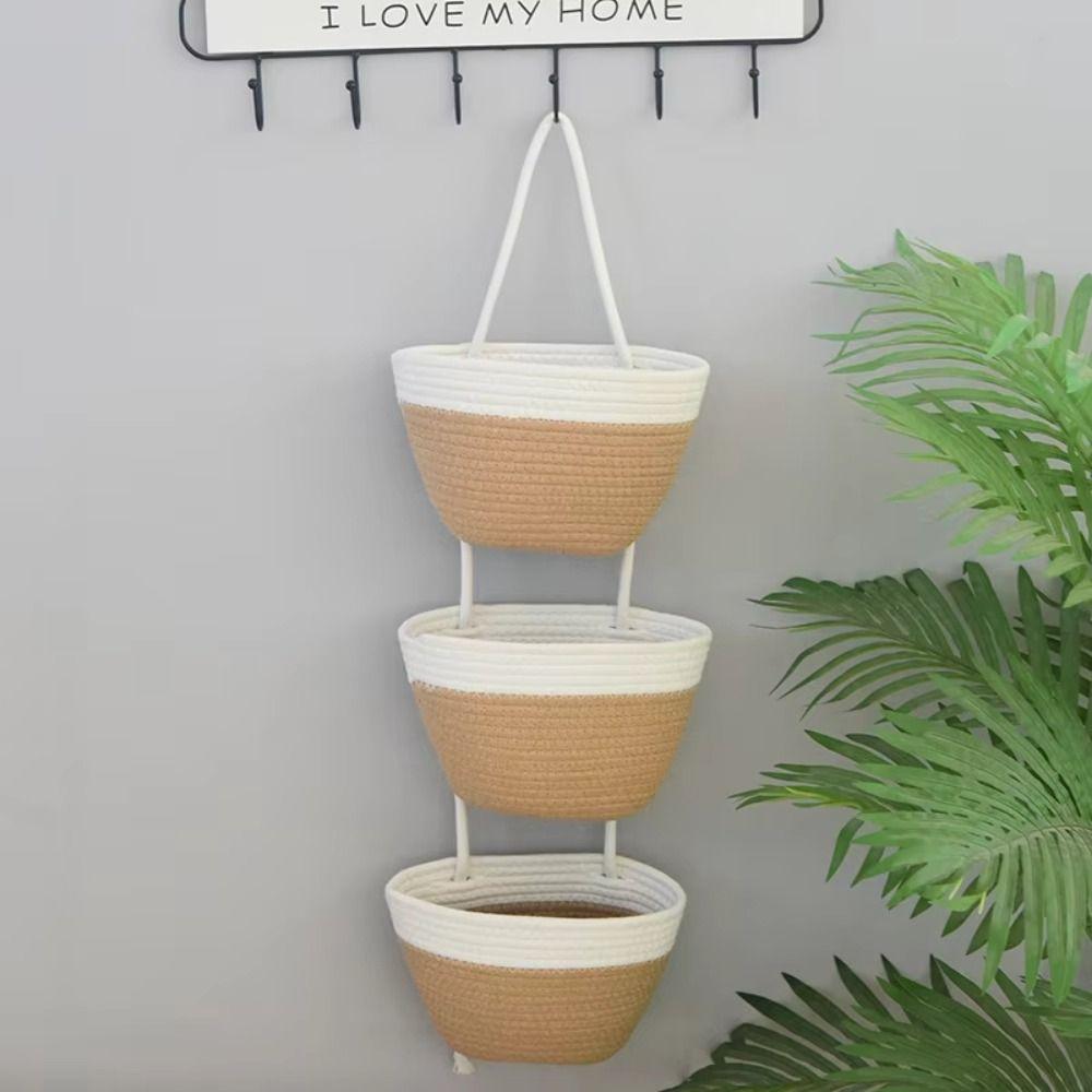 Woven Cotton Multi Pocket Hanging Baskets Handwoven Wall Mount Storage Bag Living Room