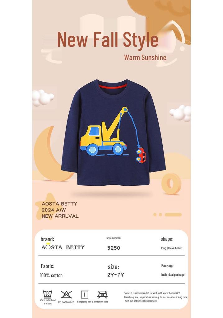 Excavator Print Toddler & Boys' Long Sleeve Pullover – Spring/Autumn Round Neck Shirt