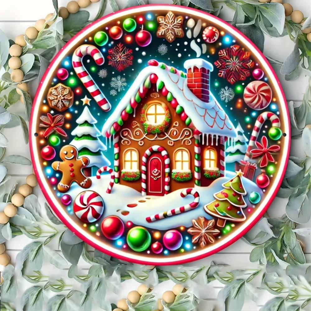 Weihnachts-Süßigkeitenland Metall Wandkunst Retro Lebkuchen Schild Runde Aluminium Dekoration Mehrfarbig
