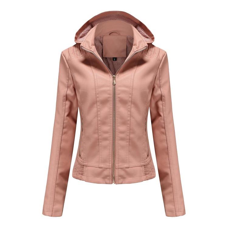 Women Leather Jacket Hooded Zipper Long Sleeve Fleece Slim Coat European Size