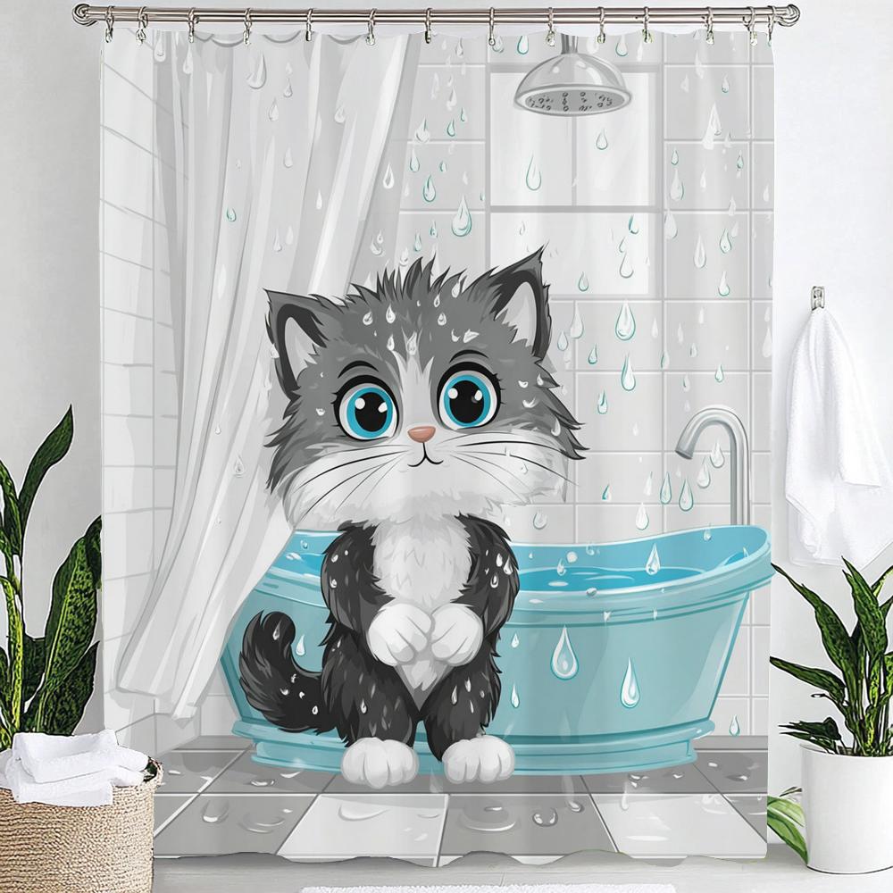 Cartoon Niedliche Katze für Badezimmer Duschvorhang, Dekorativer Duschvorhang, Bedruckter Stoff Vorhang für Zuhause Mit Haken