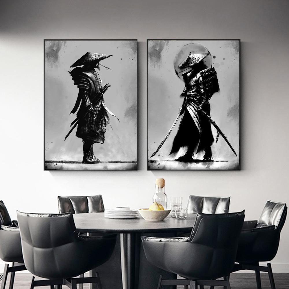 Black and White Japan Samurai Portrait Wall Art Canvas Painting Japanese Warriors Wall Mural Canvas Posters for Living Room Bedroom No Frame