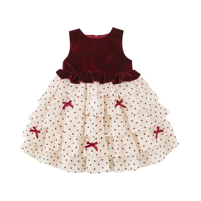 Девочковое Ретро Стеганое Платье Принцессы в Горошек Многоярусное 90cm