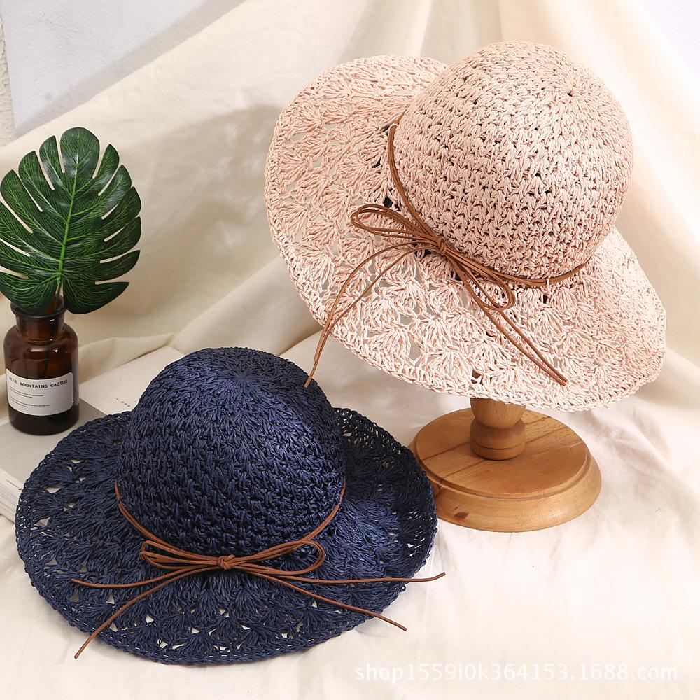 Summer Solid Handmade Crochet Paper Straw Bucket Hat For Women Wide Brim Belt Butterfly Beach Sunshade Breathable Fisherman Cap