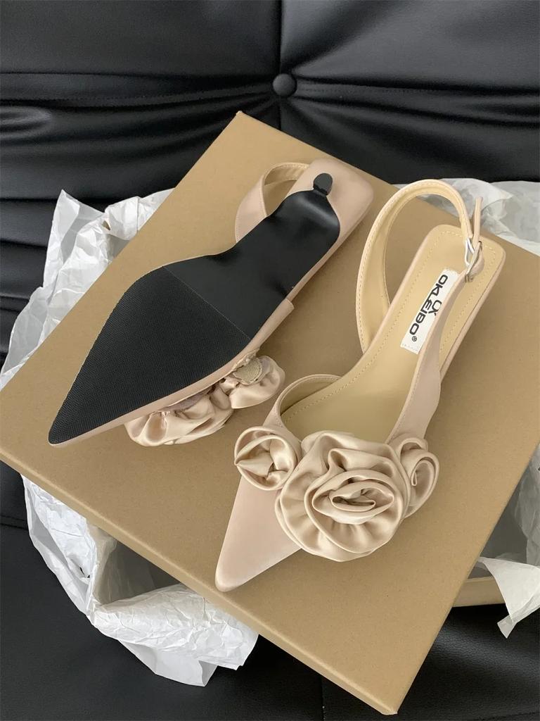 Fashion Elegant Woman Sandals High Heeled Sweet Rose Closed Toe Footwear 2024 Summer Slingback Pointed Fashion Dress Ladies Shoes