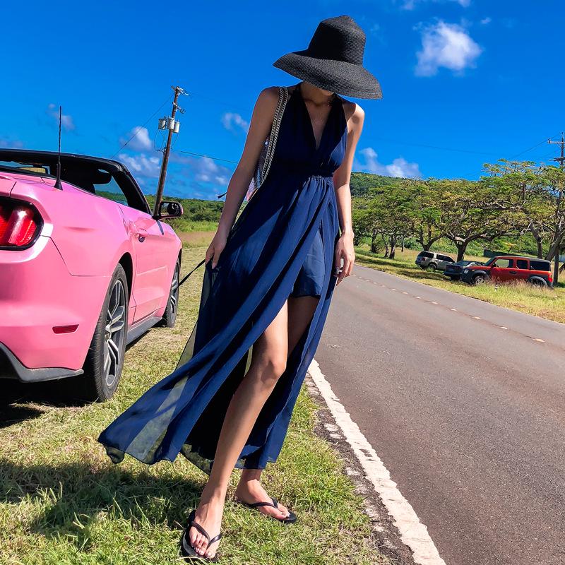 

Bali seaside vacation beach dress new thin backless neck dress red split dress fairy L синій