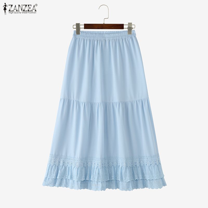 ZANZEA Women Casual Lace Splice Elastic Waist Loose Long Skirts