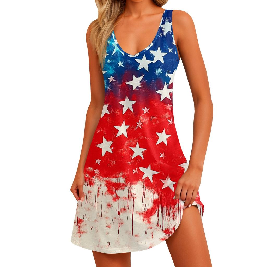 Damen Sommerkleid mit Print und Taschen, lässig, Sommer, Boho, Strandkleid, T-Shirt-Kleid, V-Ausschnitt, lockere Tanktop-Kleider