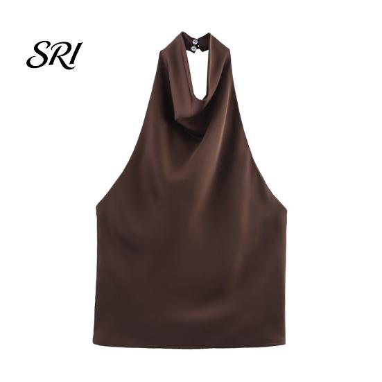 Non-irritating Fabric Tops Women Tops, Sexy Backless Slimming Satin Camisole, Loose Fit Halter Neck Summer Sleeveless Soft Breathable for Party Office L кофейный