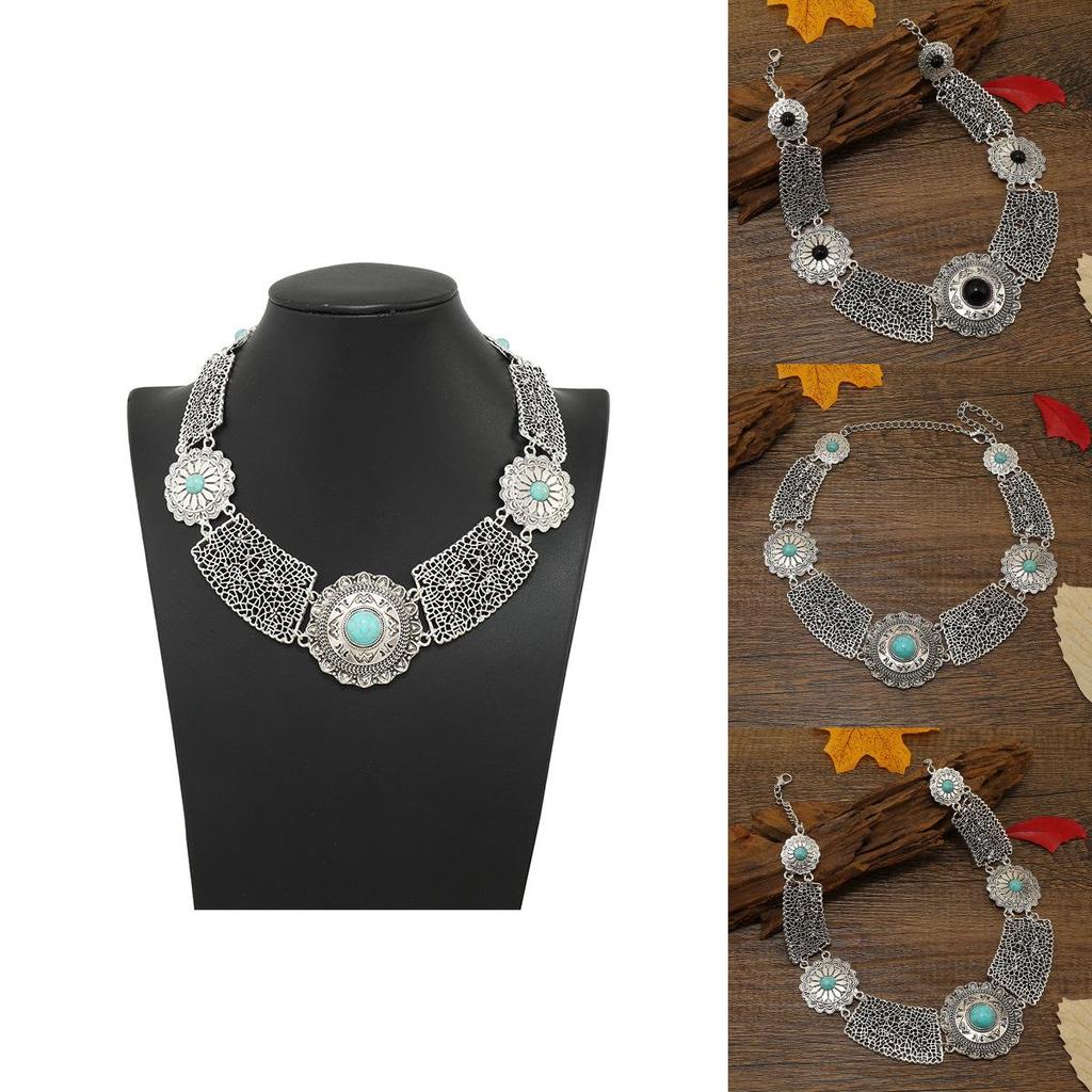 Ethnic Style Simulation Gemstone Decoration Hollow Design Women Metal Necklace For Women With Vintage Style And Water Wave Chain