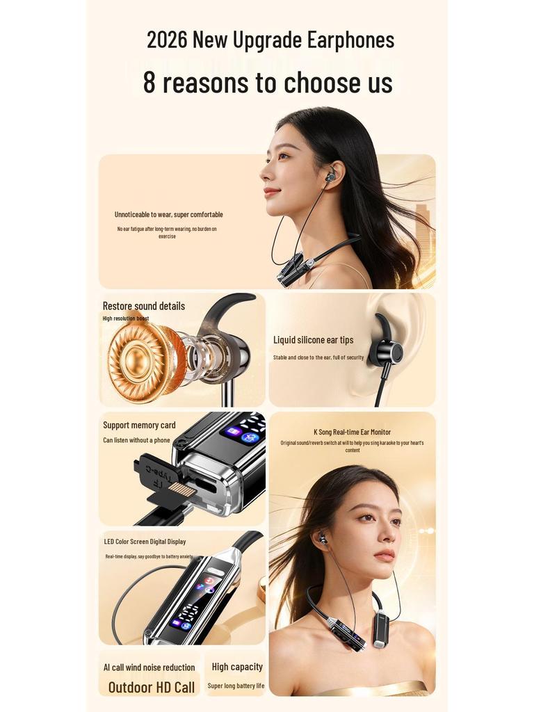 2026 Wireless Neckband Earphones: Heavy Bass, Long Standby, Bluetooth, Remote-Controlled Neck-Hanging Air Conditioner for Sports.