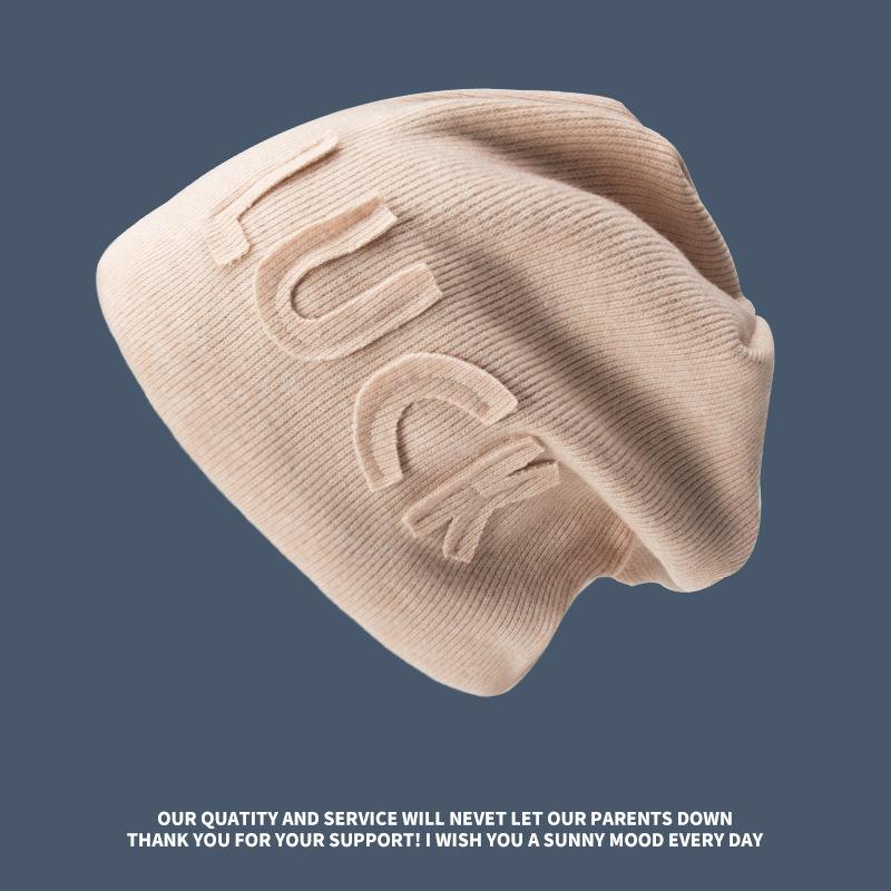 Autumn and Winter Show Face Small Luck Letter Pile Cold Hat Children Ear Protection Headgear Big Head Circumference Retro Knitted Hat