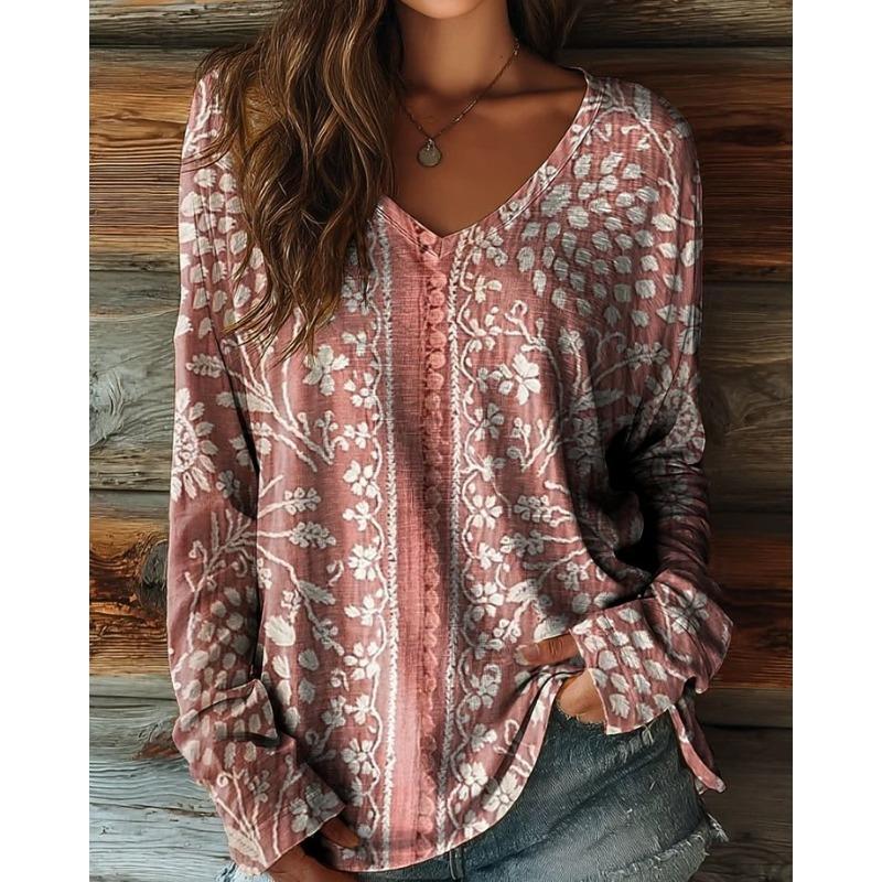 Women's Casual T-shirt 3D Printed Ethnic style vintage prints Round Neck Retro Elegant Long Sleeves Women's Fashion Pullover Long Sleeve Tops