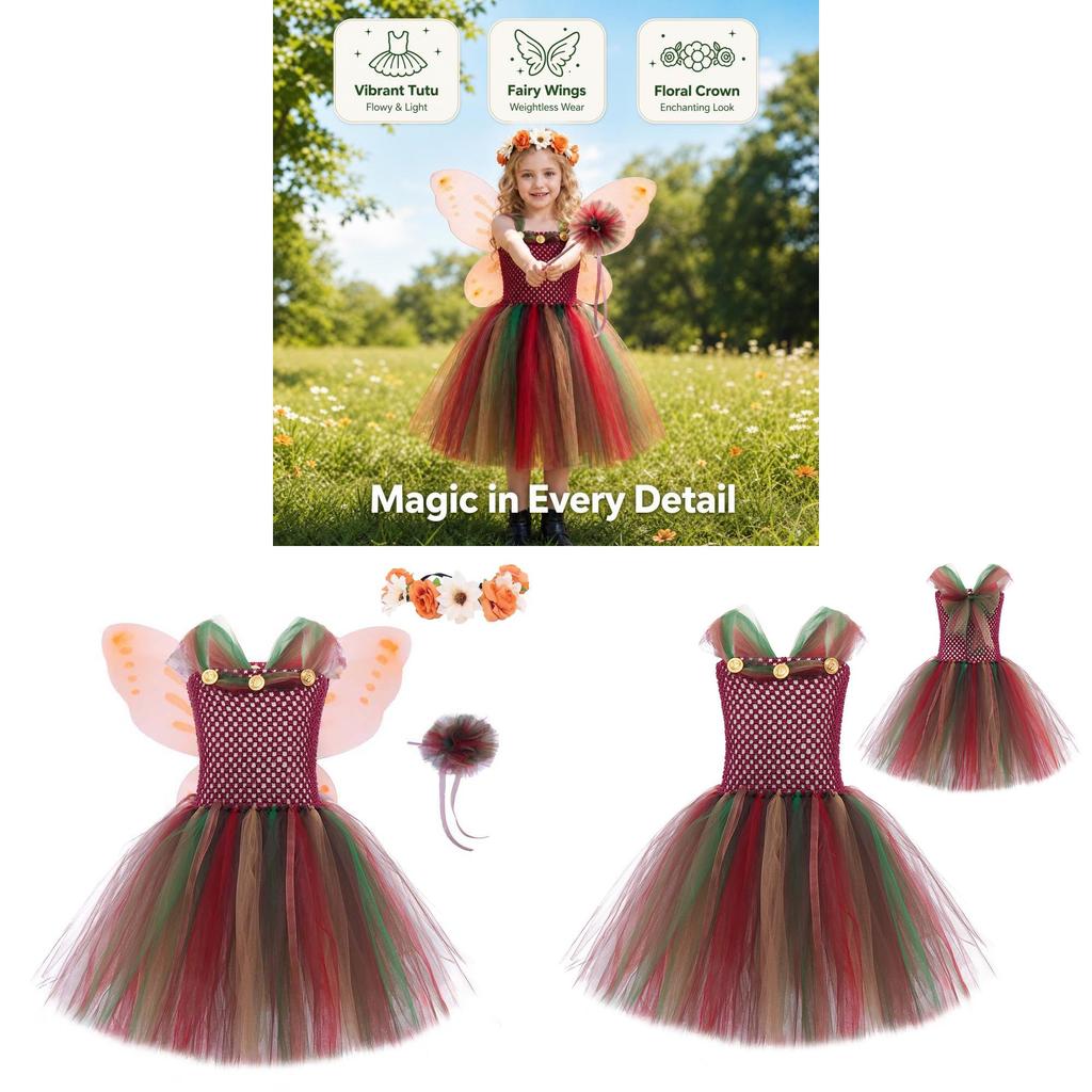 Forest Fairy Girl Costume Dress With Tulle Skirt Butterfly Wings Magic Wand For Toddler Girls
