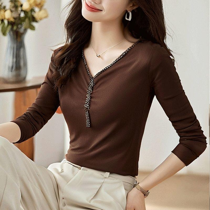 Mesh Long-sleeved T-shirt for Women Spring and Summer New V-neck Tassel Beaded Slim Dance Wear Top