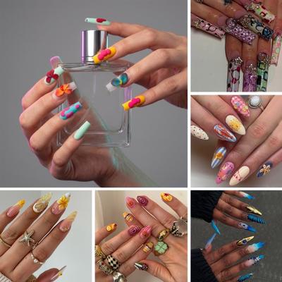 1 Set 3D Press On Nails Easy Removal Almond French Tip Stick-on Fake Nails Full Cover Glue On False Nails Women DIY Manicure Supplies