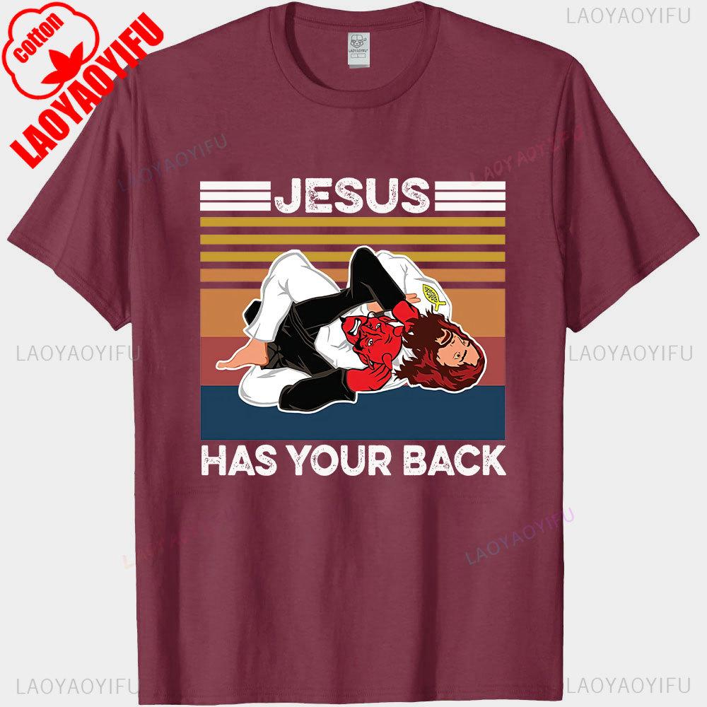 Jiu Jitsu Jesus Has Your Back Funny Christian Gift Vintage Mens TShirt Black Tops Summer Cotton Shirt Short Sleeve Streetwear