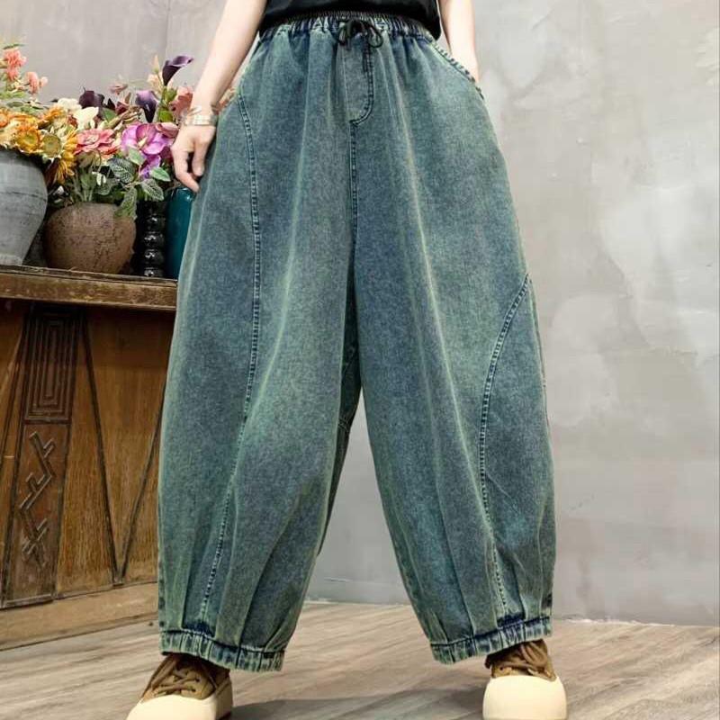 Johnature Women Wide Leg Pants Elastic Waist Patchwork Pockets Spring Loose Casual Vintage Pants