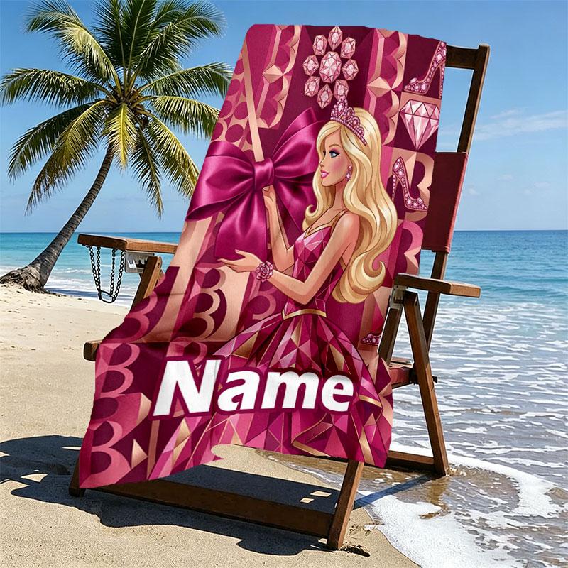 Prosop de plajă personalizat cu nume și imprimeu Barbie, pentru călătorii, camping, petreceri pe plajă, decor casnic, cadou de ziua de naștere pentru familie și prieteni