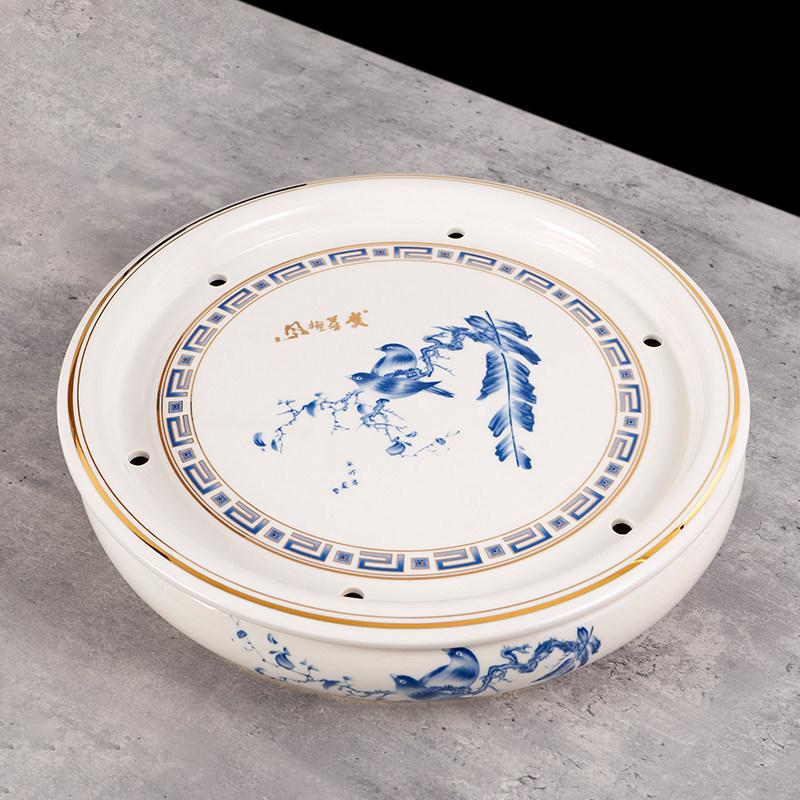 14-inch Ceramic Round Tea Tray for Gongfu Tea, with Double-Layer Water Storage