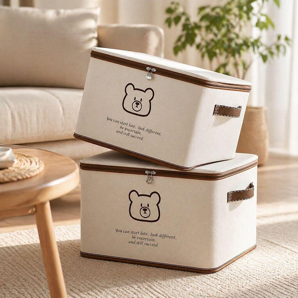 Beige Bear Non-Woven Zipper Storage Box - Large Foldable Clothes Organizer Basket