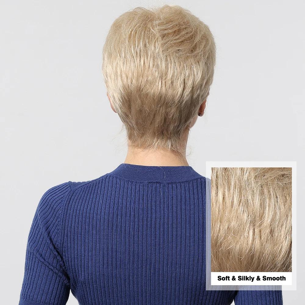 LOUIS FERRE Light Golden Blonde Pixie Cut Synthetic Wigs for Women Short Straight Layered Hair Wigs With Bangs for Daily Use