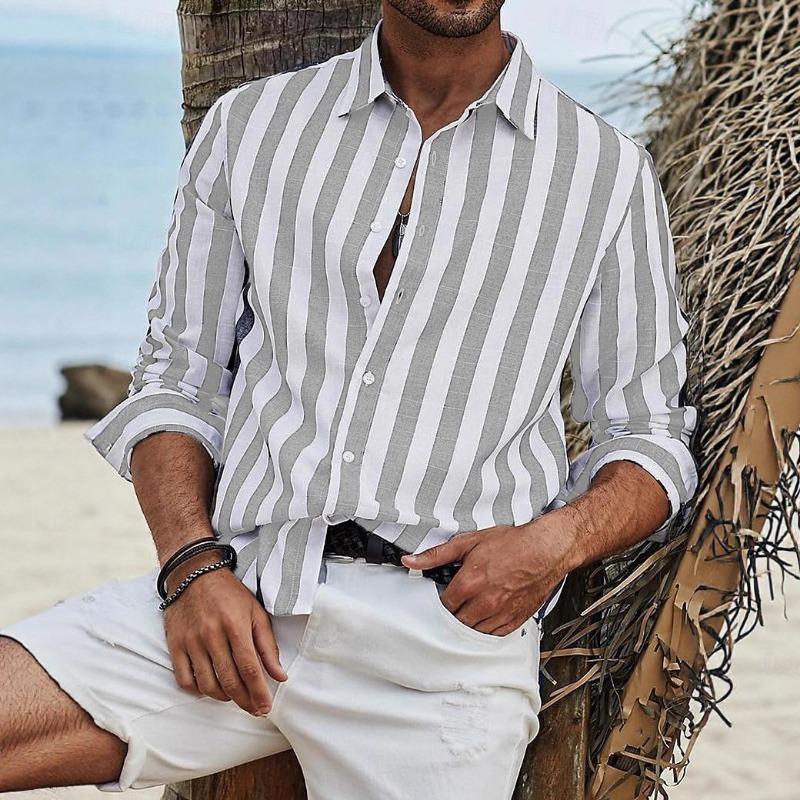 Spring and Autumn New Men's Versatile Tops Daily Casual Striped Lapel Long Sleeve Shirts