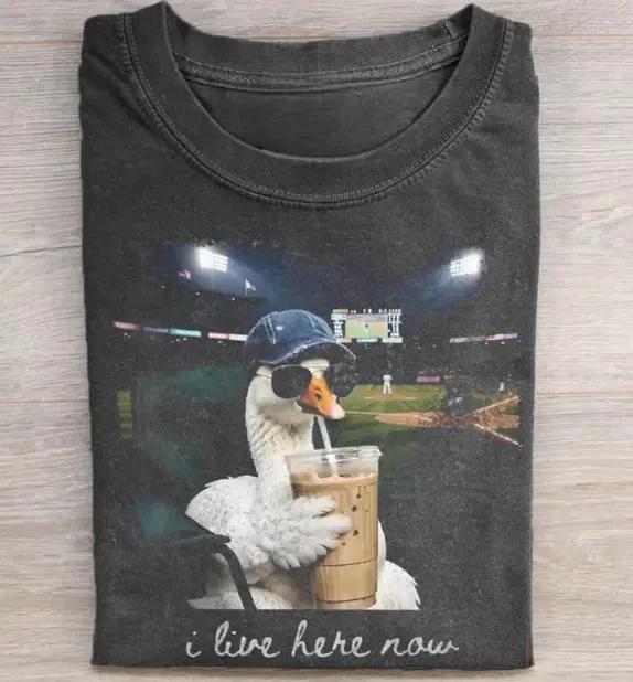 Funny Goose I Live Here Now  Shirt Goose Coffee Retro Baseball Mom Tee 2XL